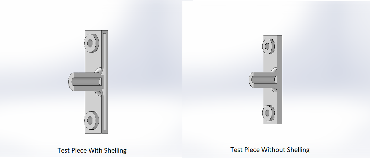 Test piece, with and without shelling